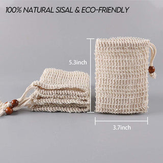 Mesh soap bag. Dimensions are 5.3 by 3.7 in high. 100% natural sisal and eco friendly.