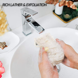 Mesh soap bag with rich later and great for exfoliation.