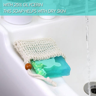 Glycerin soap with mesh bag. 25% glycerin helps with dry skin.