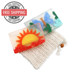 glycerin soaps and mesh bag. free shipping badge.